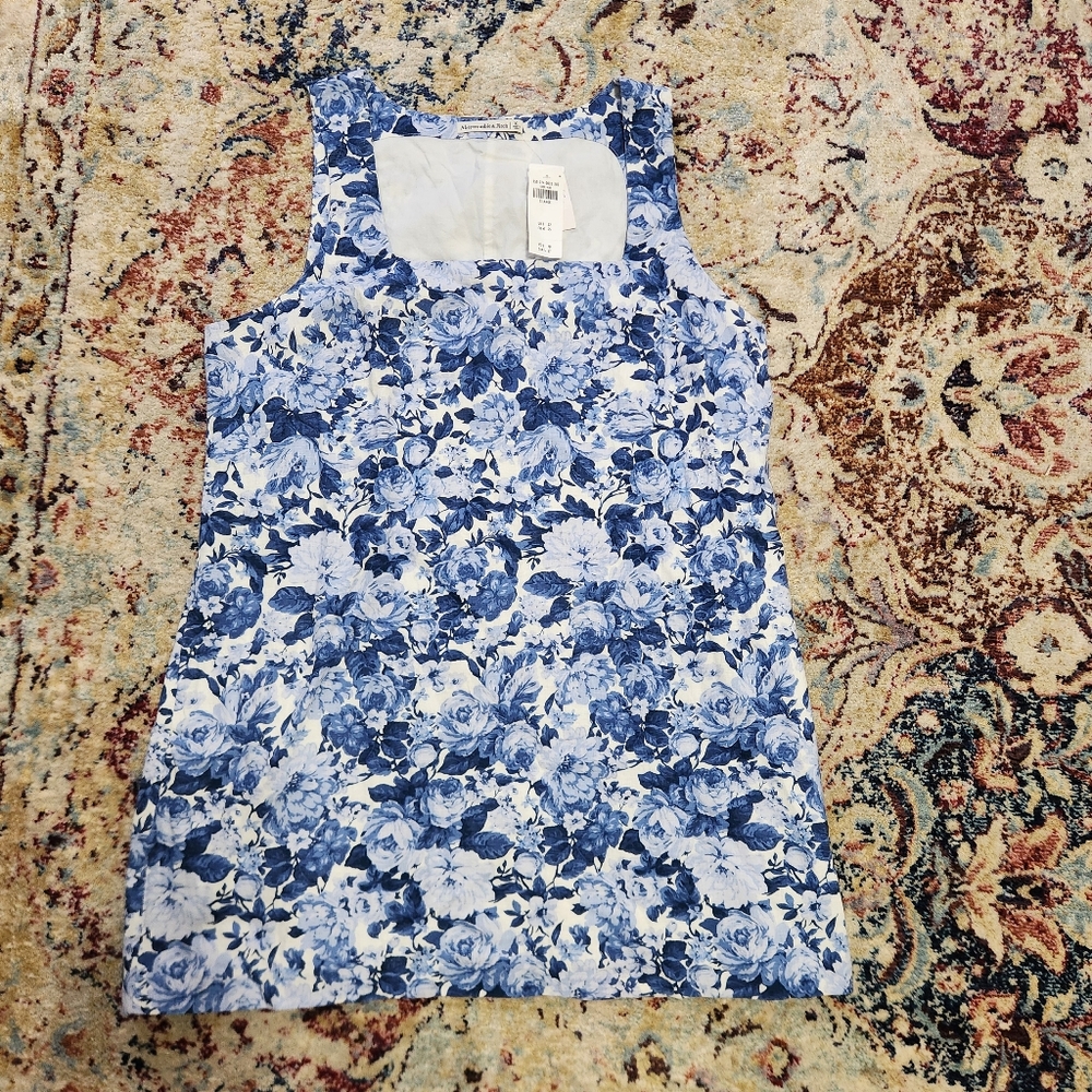 Abercrombie & Fitch Square Neck Linen-Blend Blue Floral Mini Dress Size XL - Picture 3 of 15